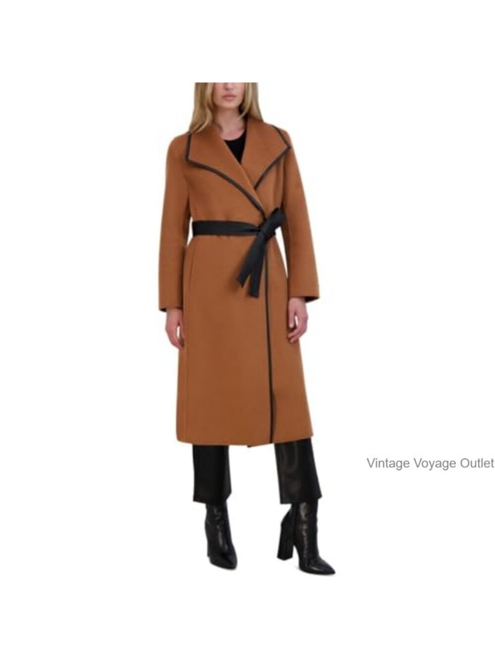 Wool Blend Longline Wrap Coat with PU Leather Belt